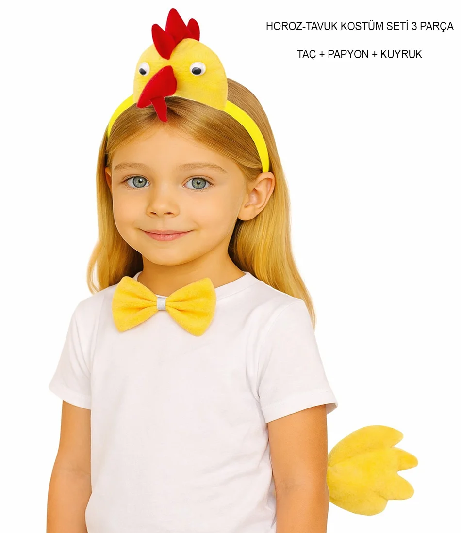 Çocuk Horoz Tavuk Kostüm Seti 3 Parça (Taç + Papyon + Kuyruk) görsel 3
