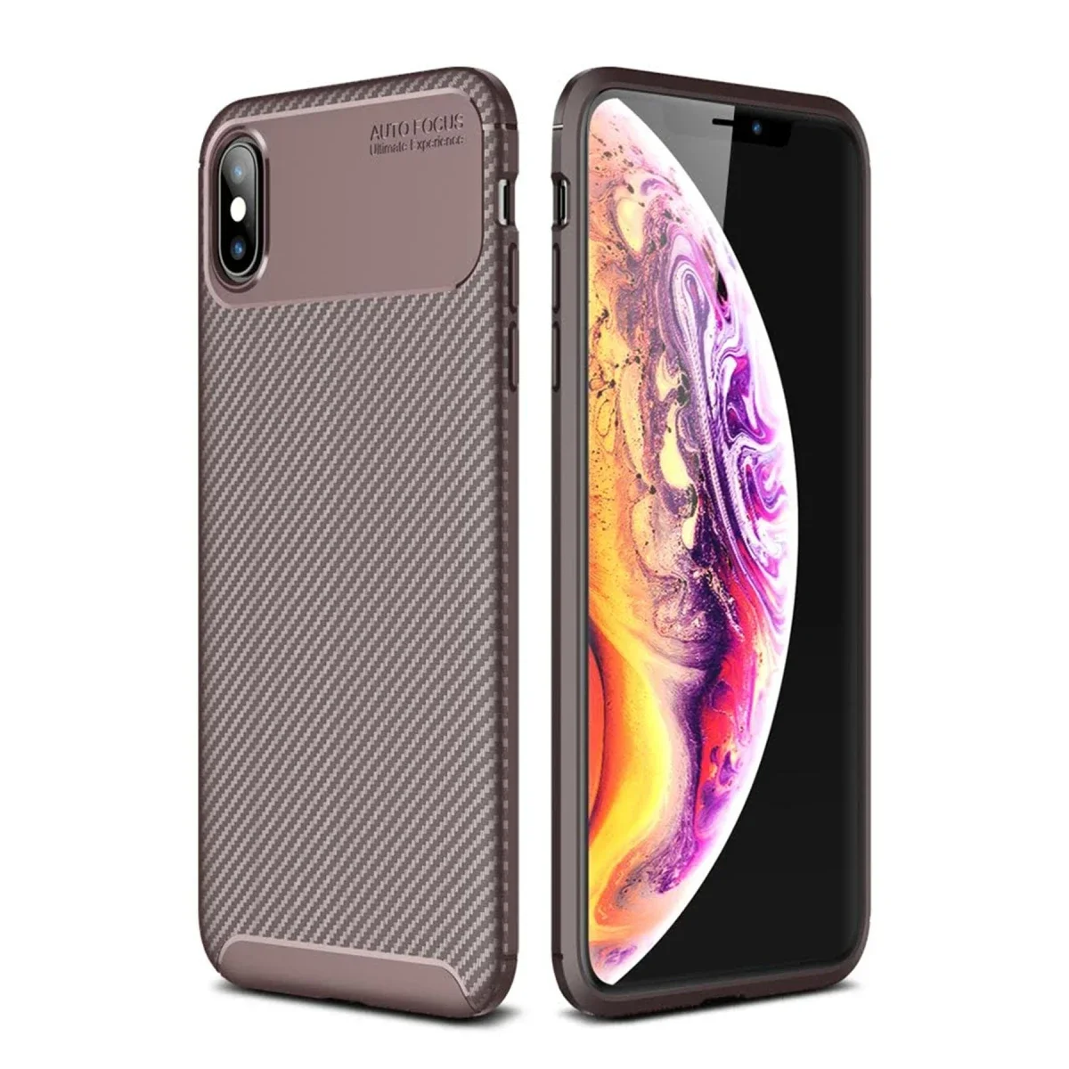 Apple iPhone XS Max Kılıf Auto Focus Karbon Kapak - Kahverengi
