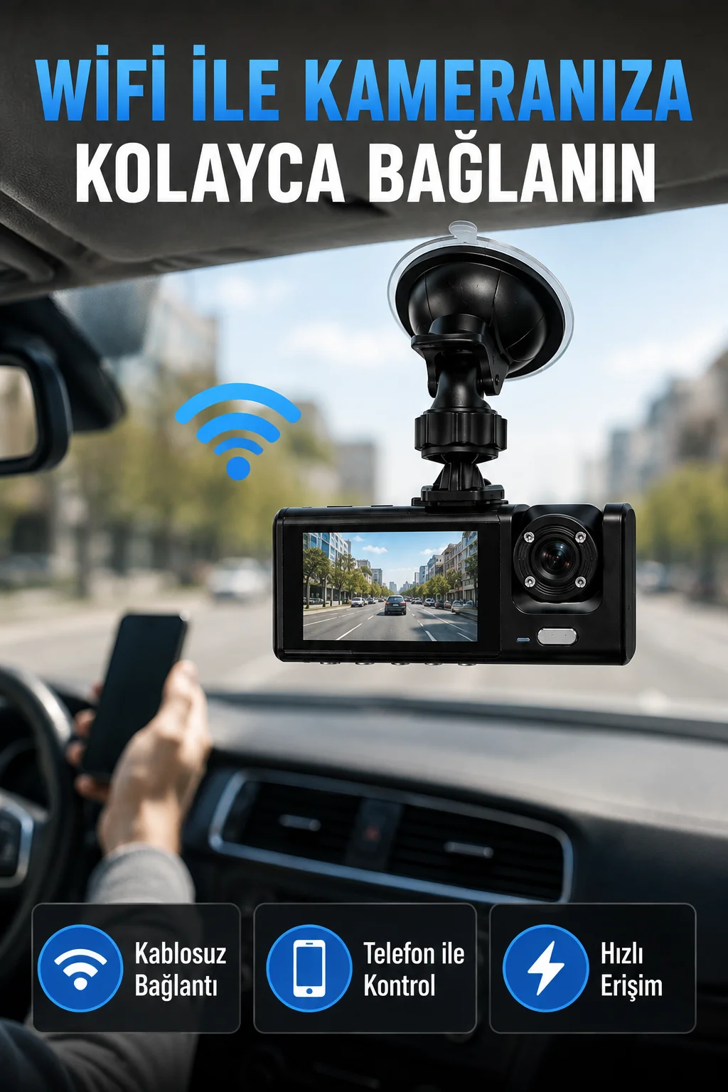 Çift Kameralı WiFi Araç Kamerası 170° Geniş Açı Full HD Araç İçi Kayıt Siste