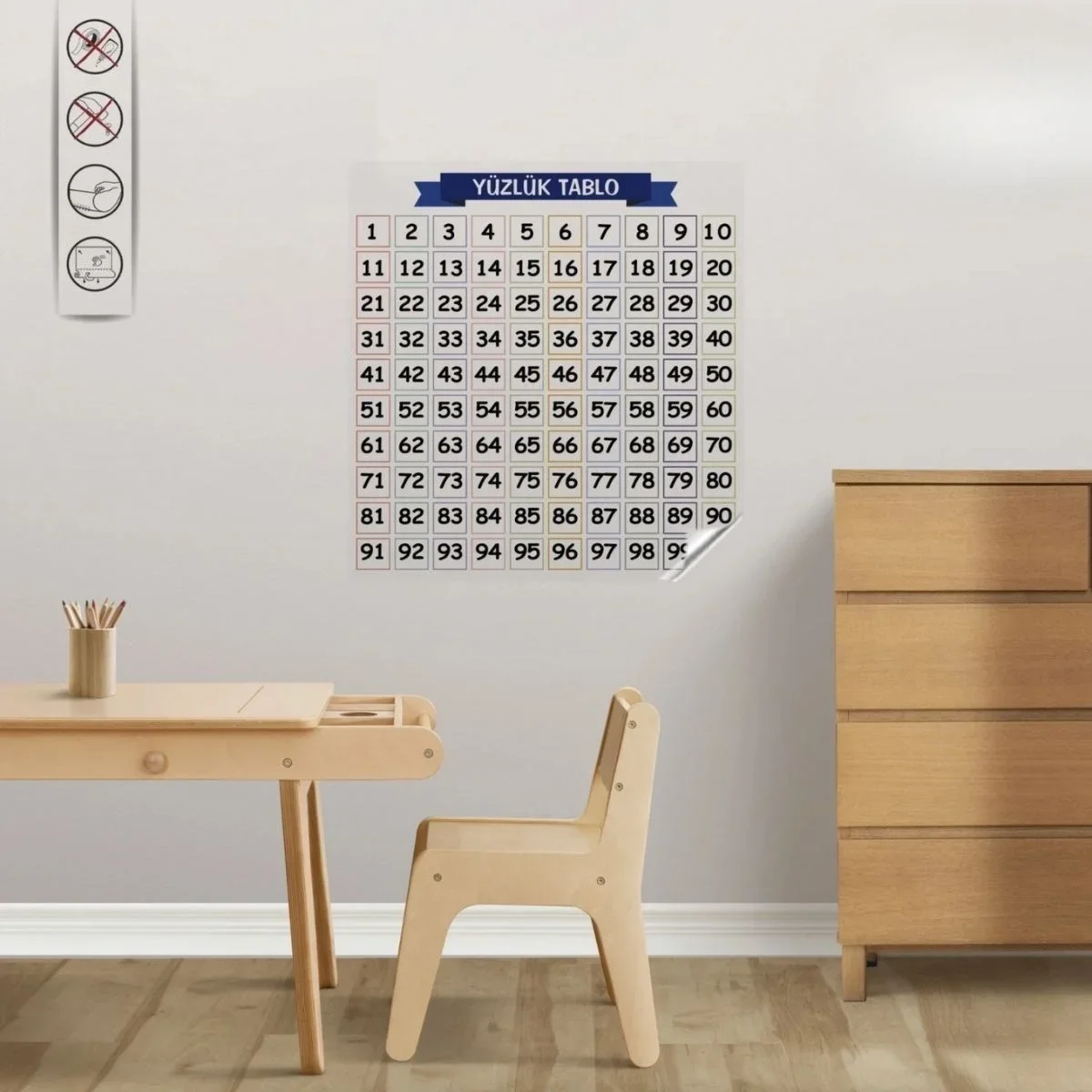 Matematik Öğreten Yüzlük Tablo Duvarda İz Bırakmaz Akıllı Kağıt Yapışkansız Statik 60x60 cm görsel 2