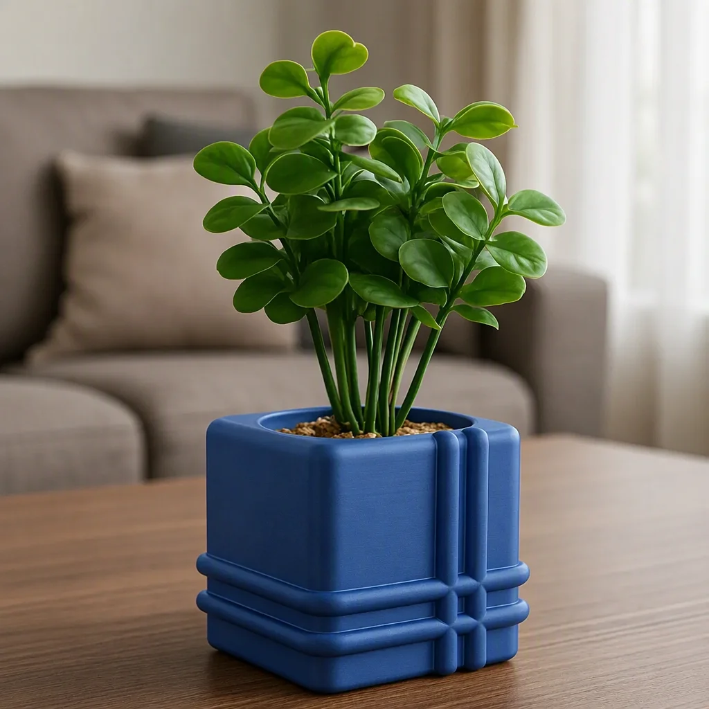 3D Baskı Square Planter - Izgara Desenli Küp Saksı-Mavi görsel 2