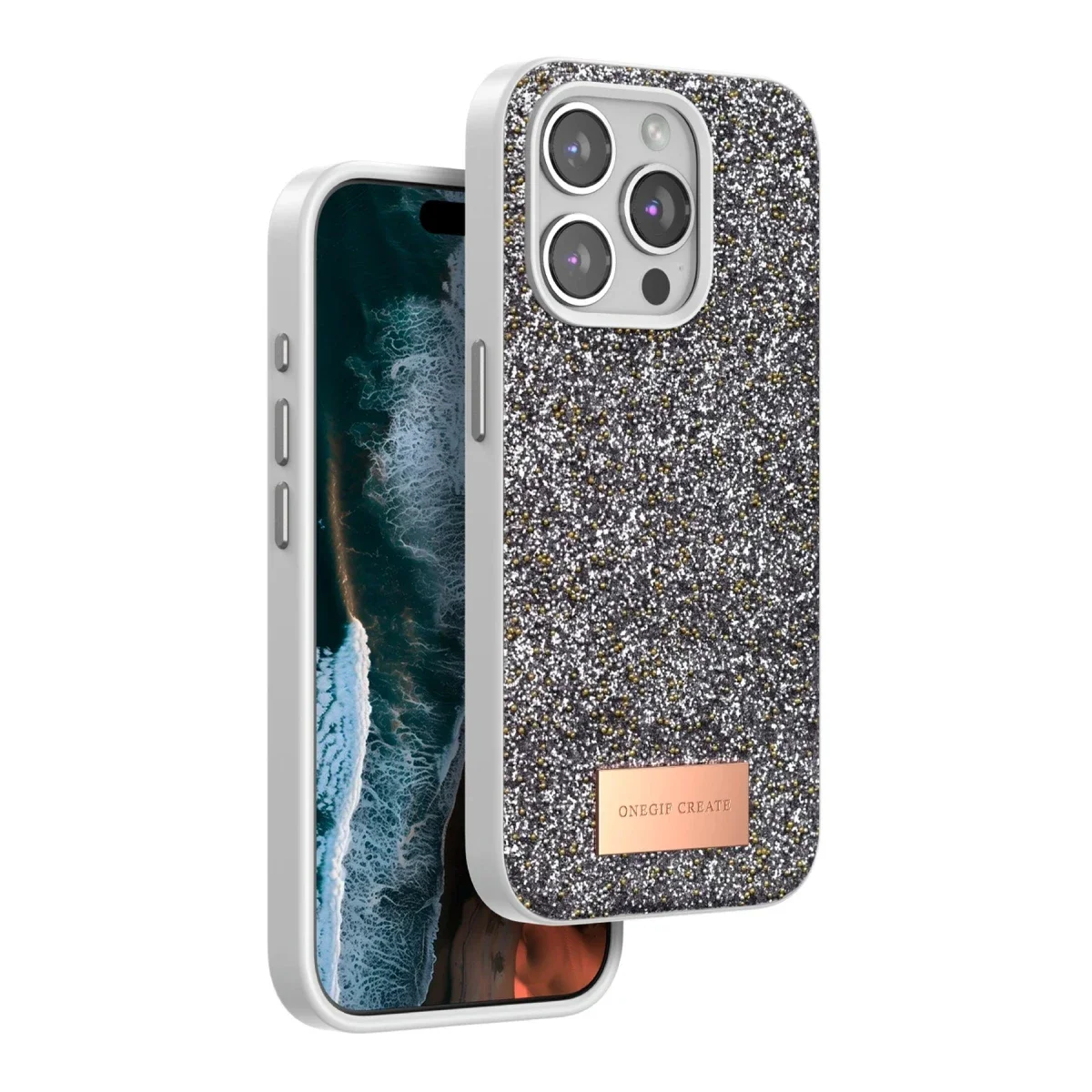 Onegif Apple iPhone 15 Pro Bright Simli Kapak - Gümüş