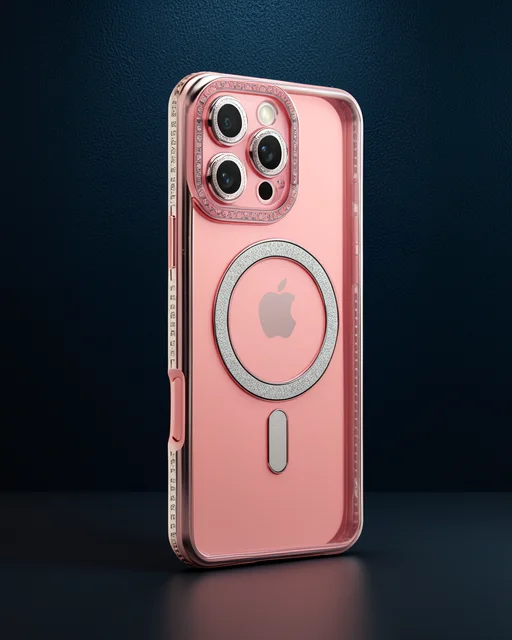 Apple İphone 16 Pro Kılıf Joke Simli Magneticsafe Kılıf - Pembe