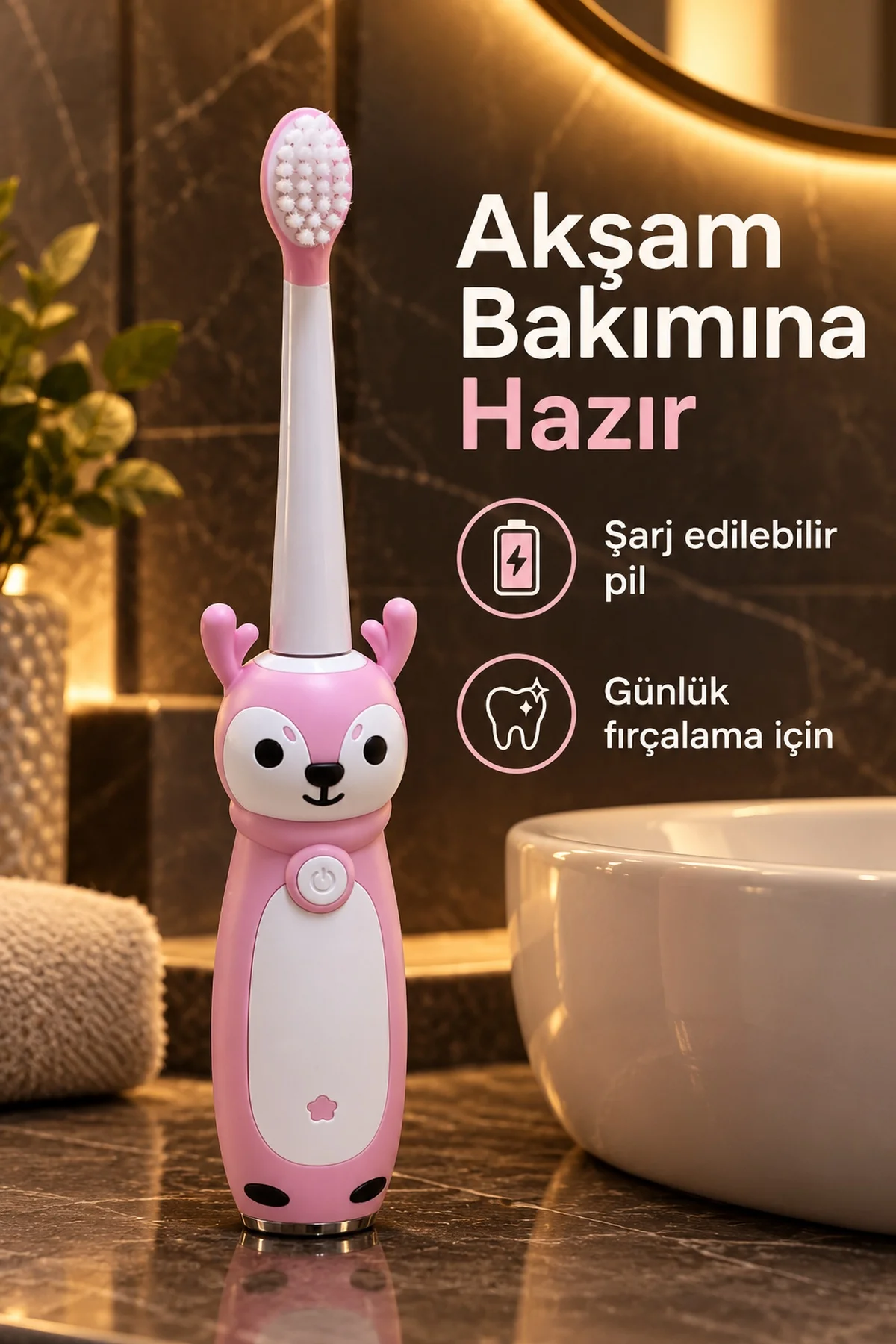 Çocuk Elektrikli Diş Fırçası Pembe Geyik Figürlü Şarjlı görsel 3