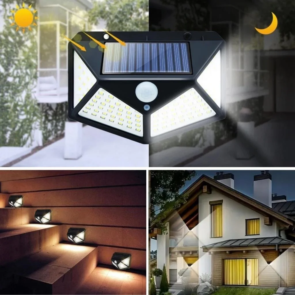 100 Ledli 3 Farklı Aydınlatma Ayarlı Solar Güneş Enerjili Hareket Sensörlü Bahçe Duvar Lambası görsel 5