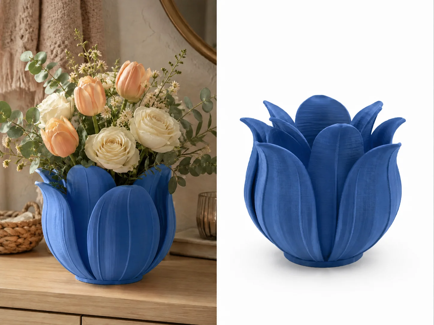 3D Baskı Lotus Yapraklı Vazo - Dekoratif Çiçeklik-Mavi