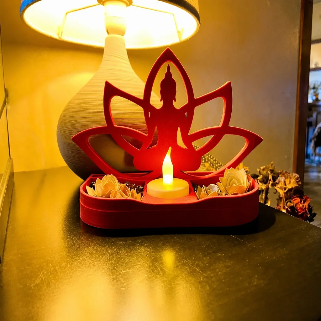 3D Baskı Lotus Buda Mumluk - Dekoratif Tealight Mumluk-Kırmızı