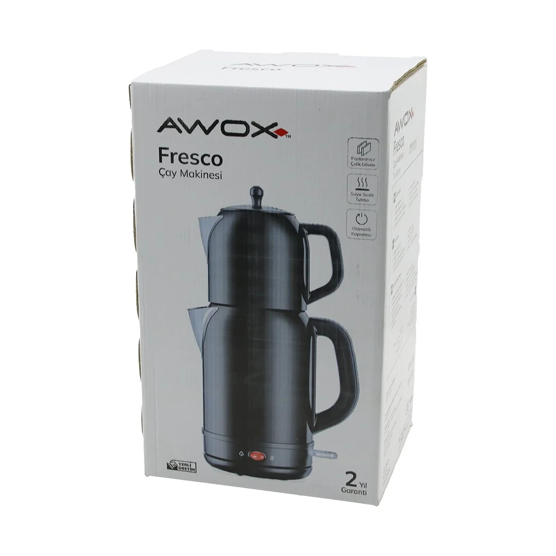 Awox Fresco Siyah Elektrikli Çay Makinesi Çaycı Set 1.7LT Su Isıtıcı + 1.2LT Demlik Paslanmaz Çelik Gövde 2200W
