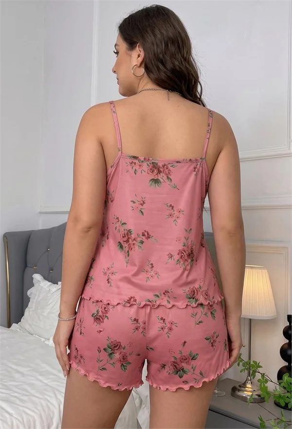 Yumuşak Dokulu Gül Kurusu Çiçek Desenli İnce Askılı Etek Ucu Fırfırlı Şortlu Pijama Takımı görsel 3