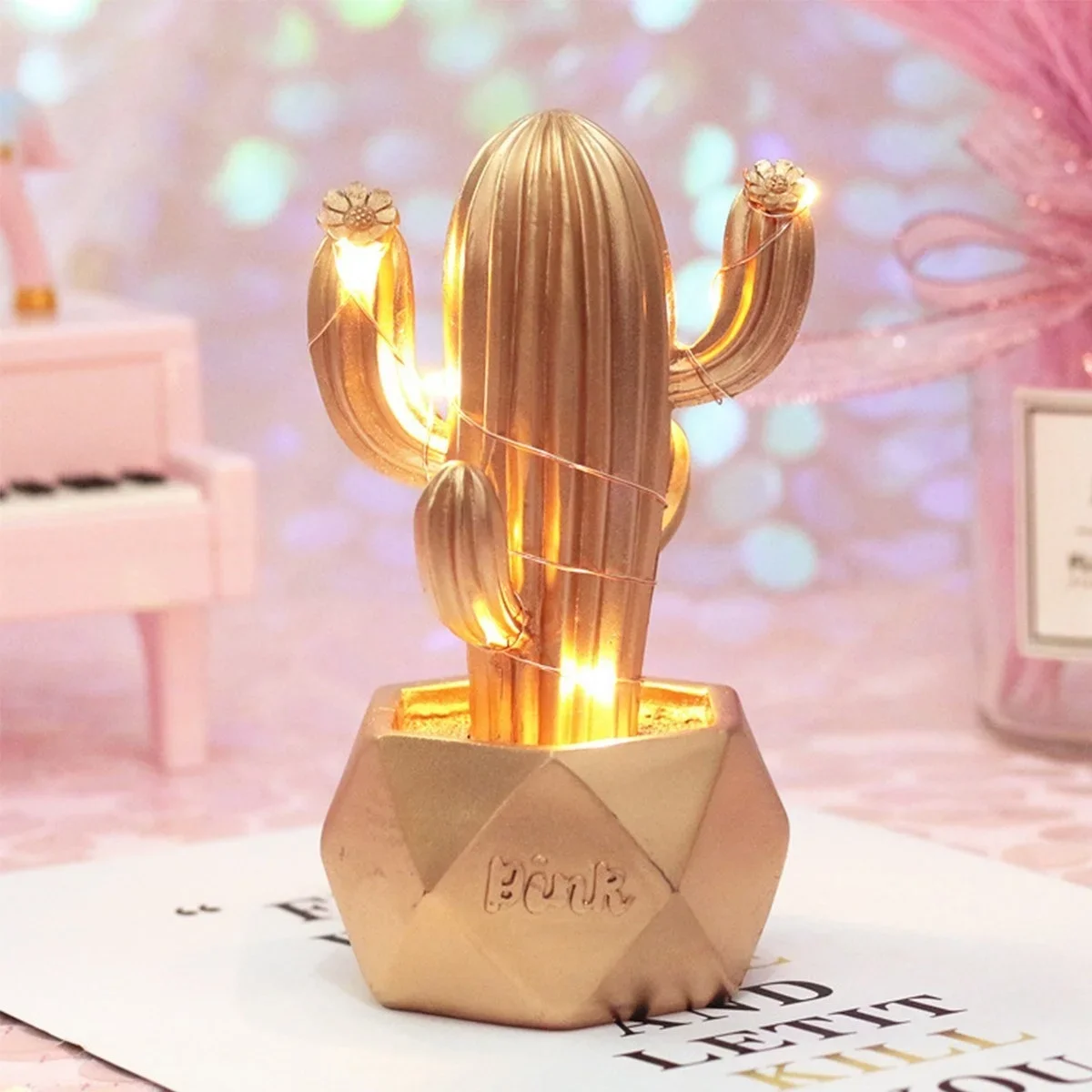 Led Işıklı Sevimli Kaktüs Dekoratif Masa Lambası ni Biblo Gece Lambası-GOLD görsel 2