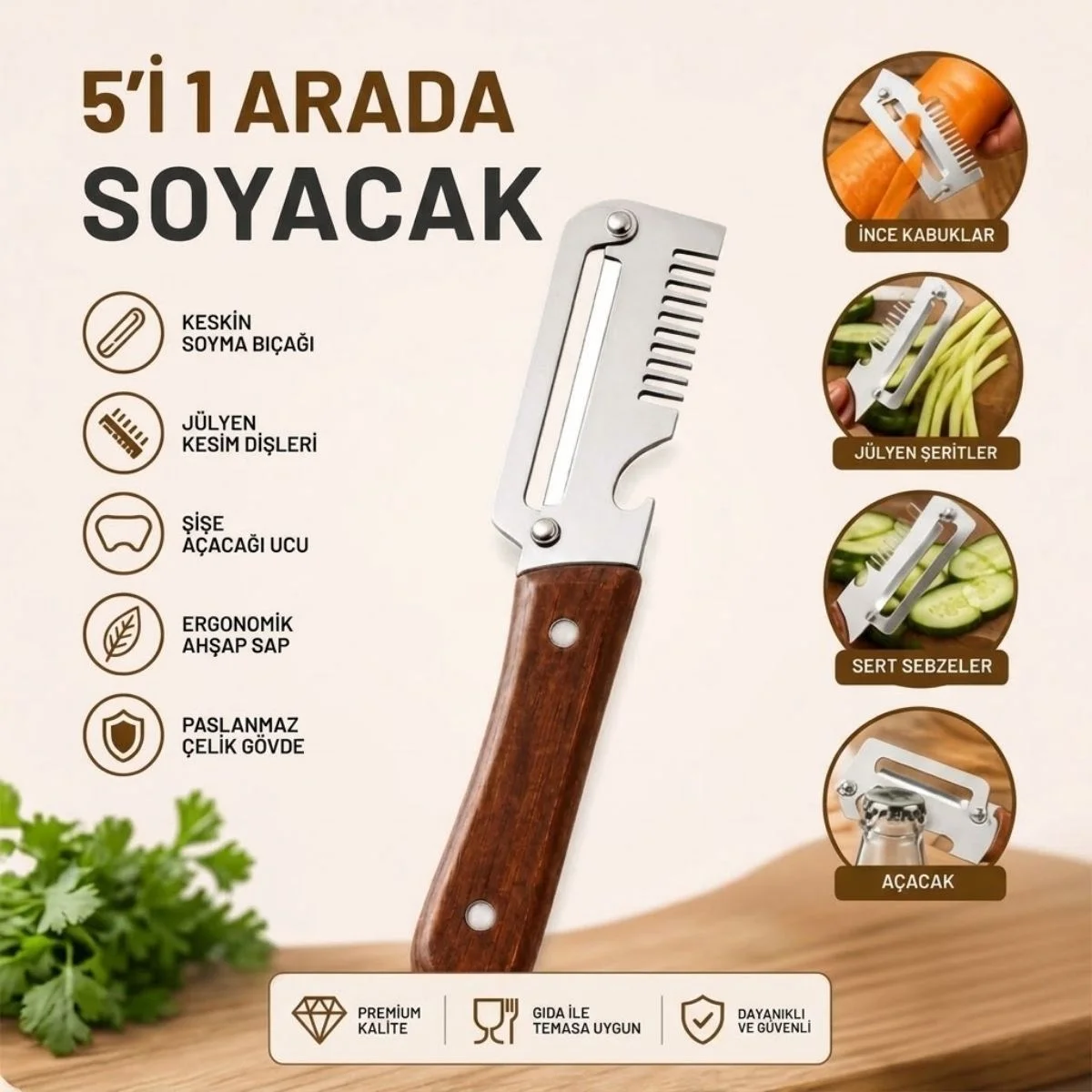 5'i 1 Arada Çok Fonksiyonlu Sebze ve Patates Soyucu, Paslanmaz Çelik Bıçaklı, Ahşap Saplı Mutfak Jülyen Soyacak, Şişe Açacağı