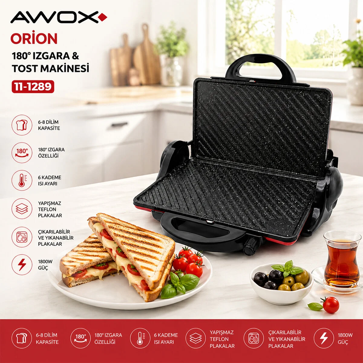 Awox Orion Kırmızı 8 Dilim Elektrikli Teflon Tost Makinesi - 180° Izgara 6 Kademe Isı Ayarı 1800W görsel 4
