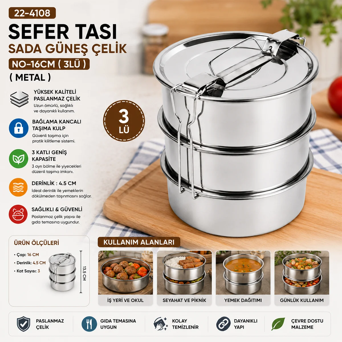 3 Katlı Çelik Sefer Tası 16 cm - Yemek Taşıma Kabı görsel 3