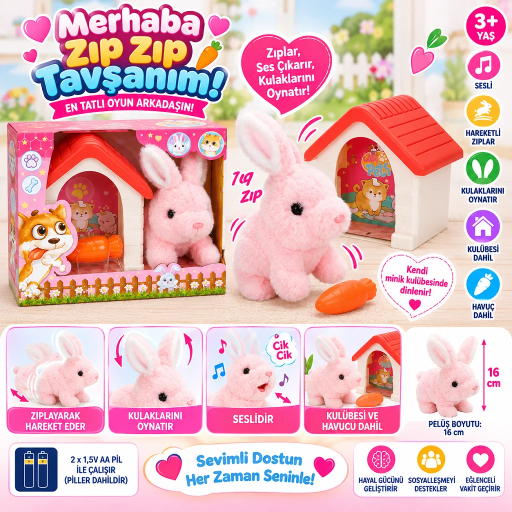 1004250 Peluş Sevimli Tavşan Hareketli Sesli Kulubeli görsel 4
