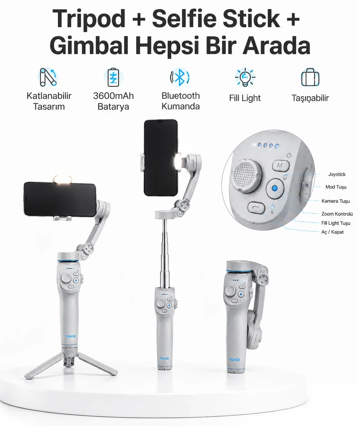 3 Eksen Telefon Gimbal Stabilizer Yapay Zeka Takipli Katlanabilir Dahili Dolgu Işıklı Video Sabitleyici