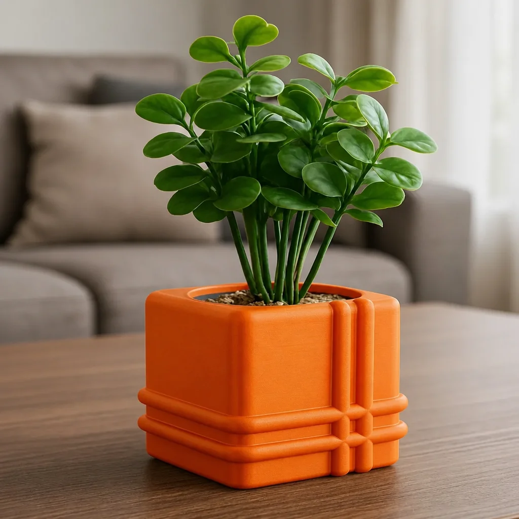 3D Baskı Square Planter - Izgara Desenli Küp Saksı-Turuncu görsel 2