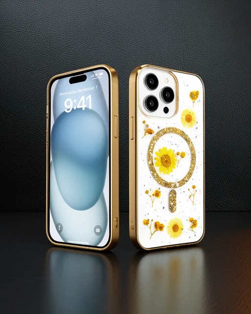 Apple İphone 15 Pro Kılıf Daisy Simli Magsafe Kapak - Gold