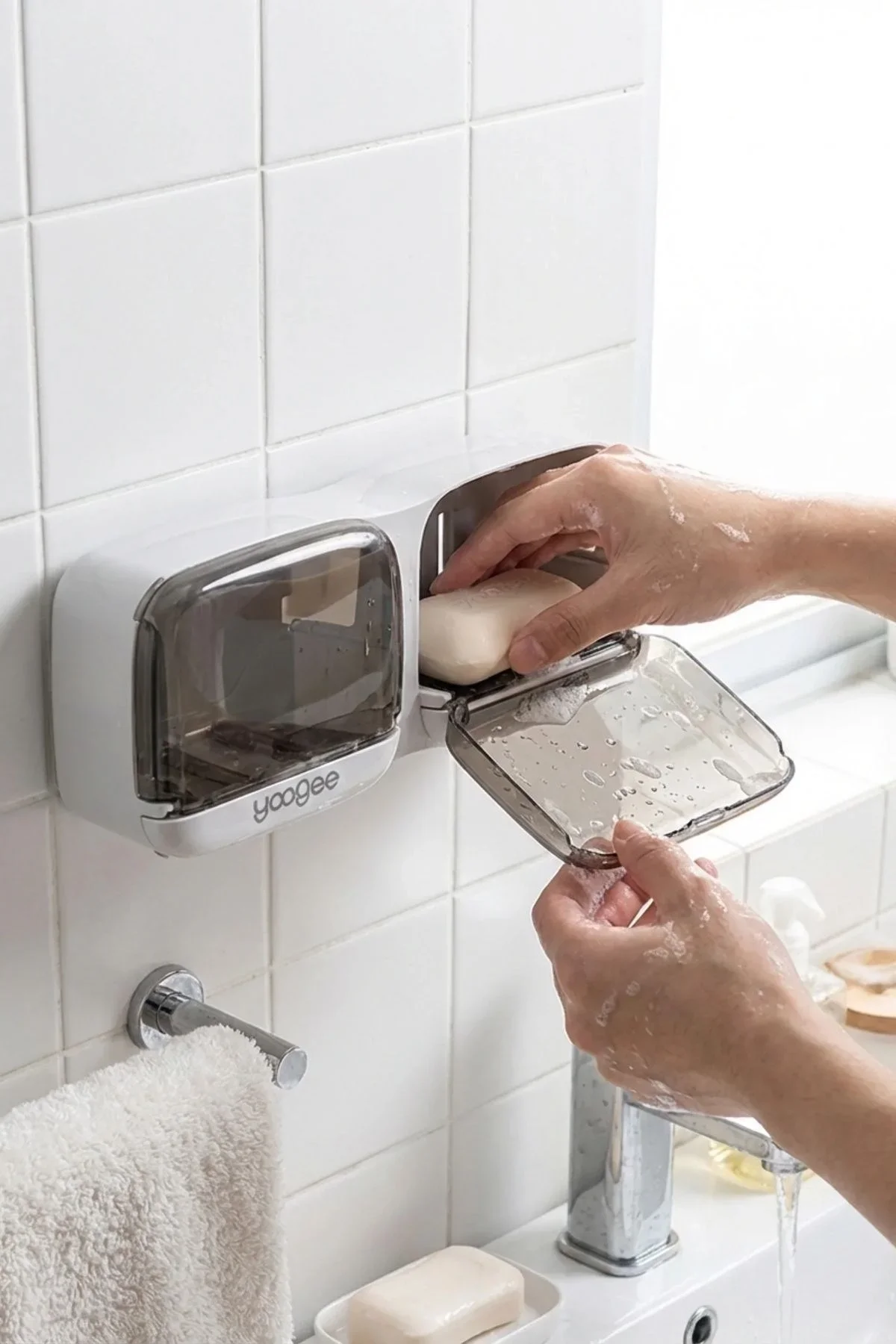 Duvara Monte İkili Kapaklı Plastik Katı Sabunluk Organizer – Banyo & Mutfak İçin Yapışkanlı Sabun Kutusu ve Düzenleyici görsel 7