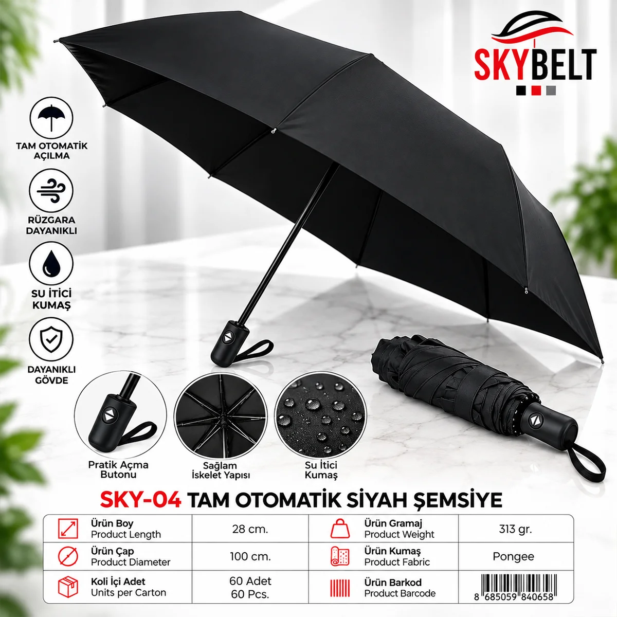 Erkek Tam Otomatik Siyah Şemsiye görsel 2