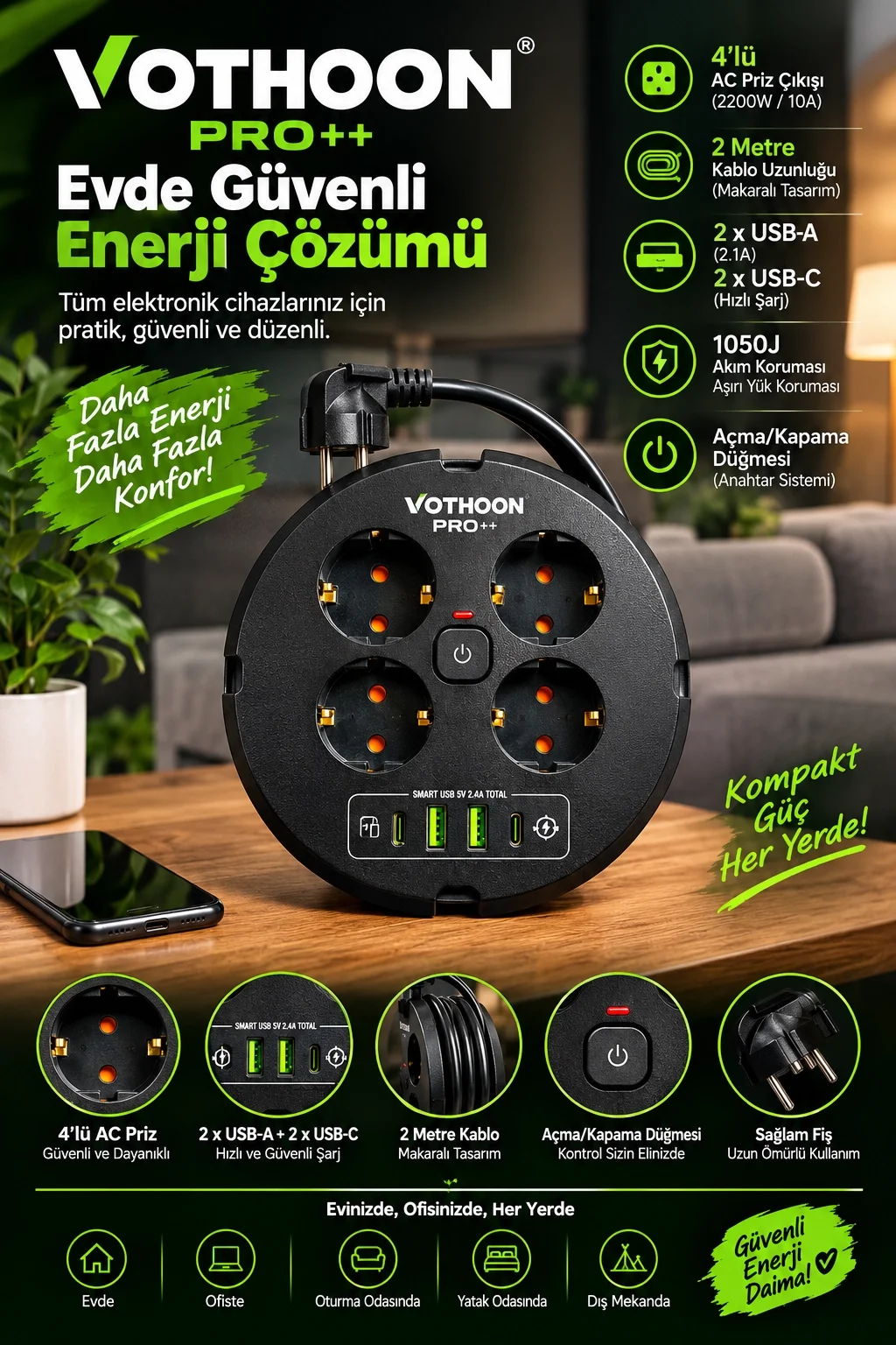 4’lü Priz Makarası 2 Metre Kablolu, 2 USB-A + 2 USB-C Şarj Çıkışlı, Açma/Kapama Düğmeli, 2200W 10A görsel 2