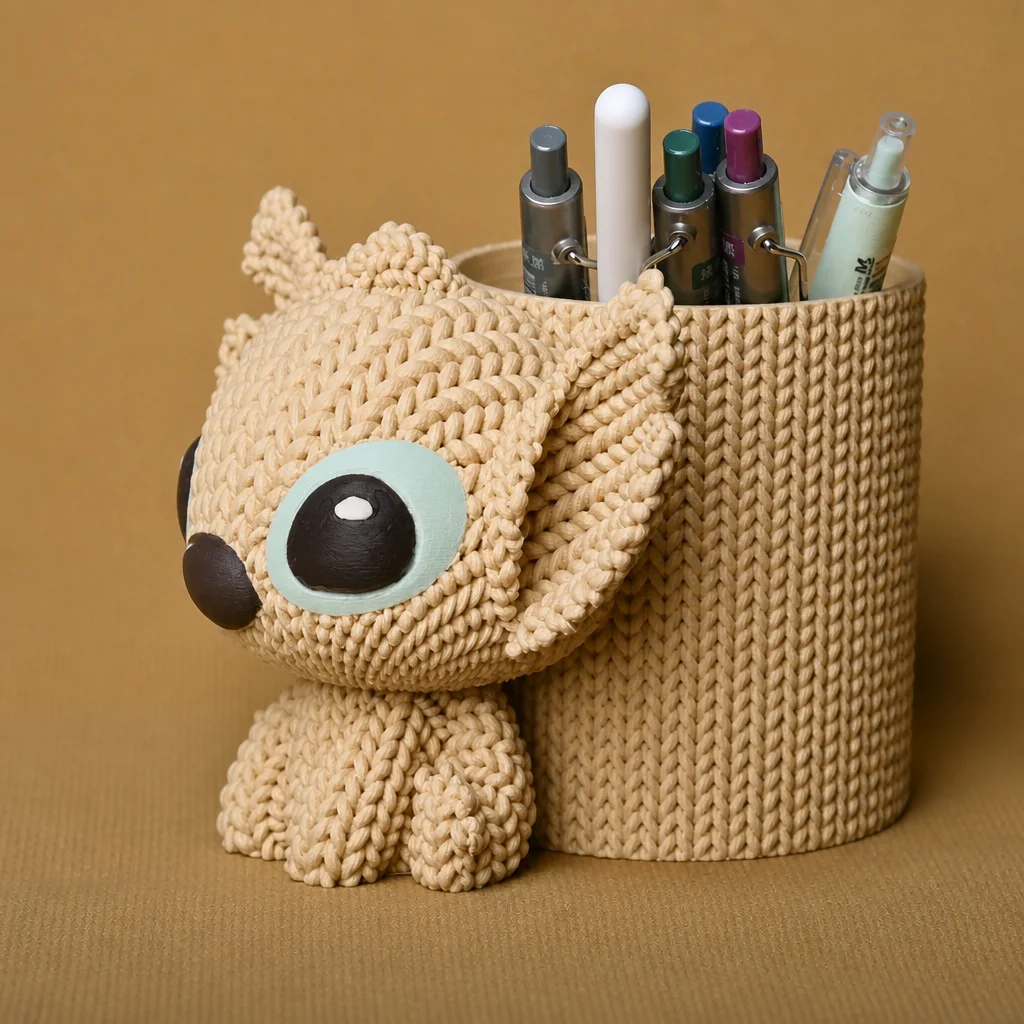 3D Baskı Knitted Kalemlik - Sevimli Karakterli Masaüstü Kalem Organizeri-Bej görsel 3
