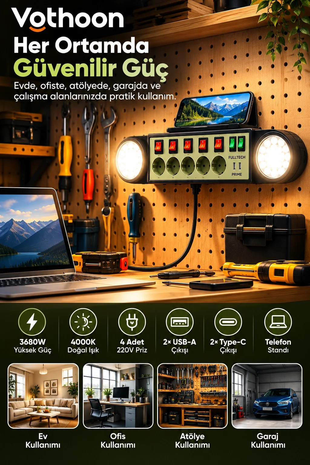 Akıllı Masaüstü Duvar Tipi Akım Korumalı 5’li Priz 3680W LED Işıklı USB-A Type-C Telefon Standlı görsel 6