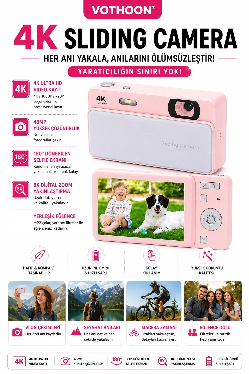 Dijital Kamera 4K HD 48MP 8X Zoom Flaşlı Kayar Retro Video Kamera 2.4’’ Ekran 64GB SD Kart Hediyeli Pembe