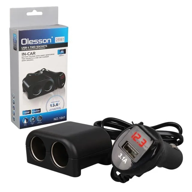 Olesson 1641 12-24V Tek USB Girişli 120W 80cm Kablolu Dijital Voltaj Ekranlı 2’li Araç Çakmak Çoklayıcı