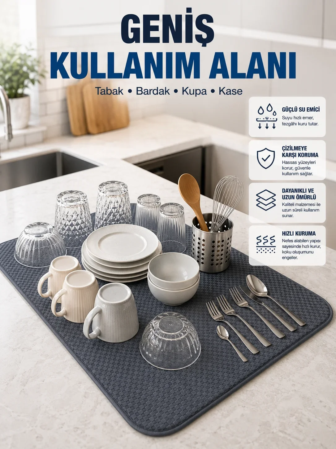 krofiber Bulaşık Kurutma Matı Yüksek Su Eci Mutfak Kurutma Örtüsü