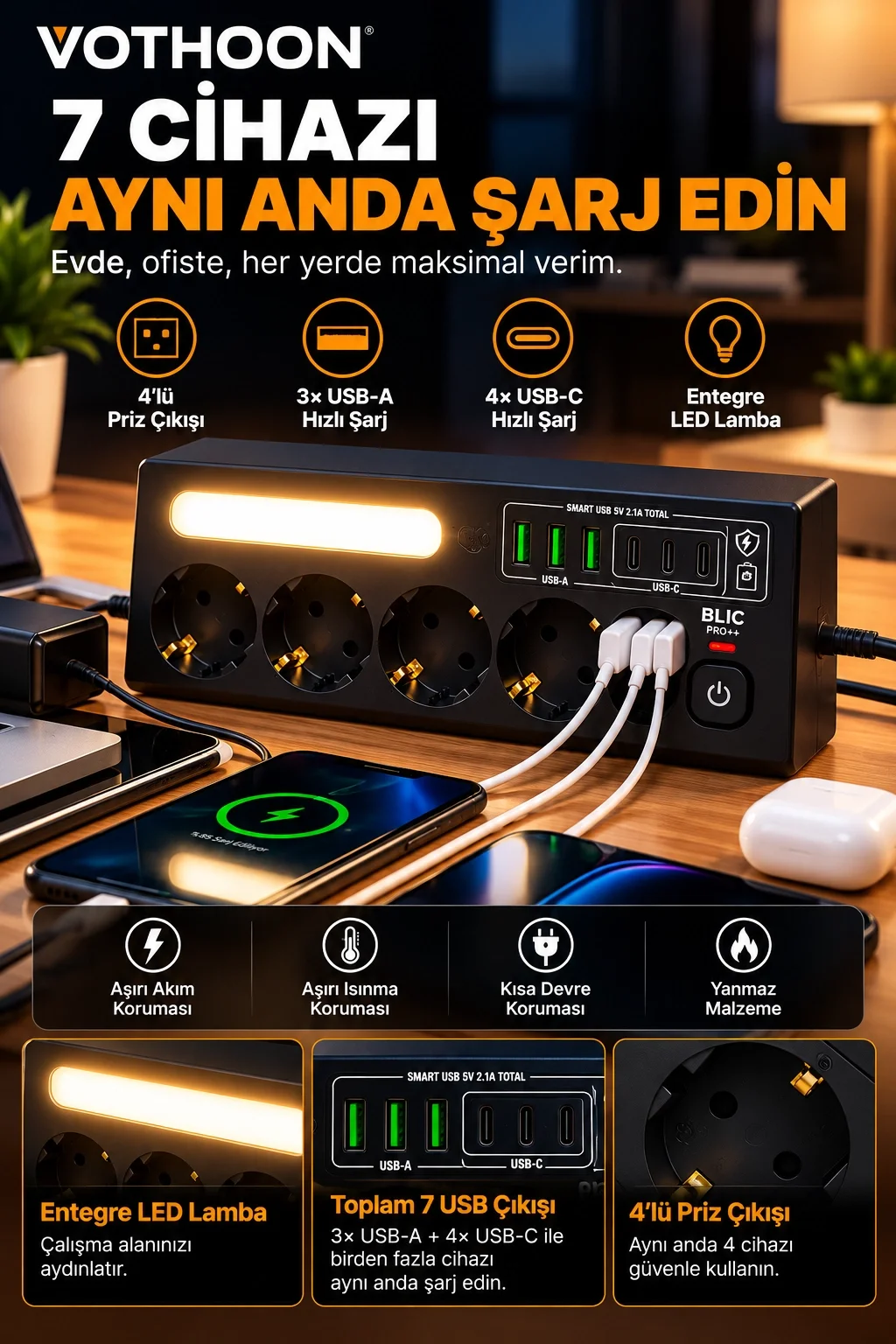 Çoklu Gece Lambalı Üçgen Priz Akım Korumalı 4’LÜ Priz 3XUSB 3XType-C Çıkışlı Grup Priz Siyah görsel 4
