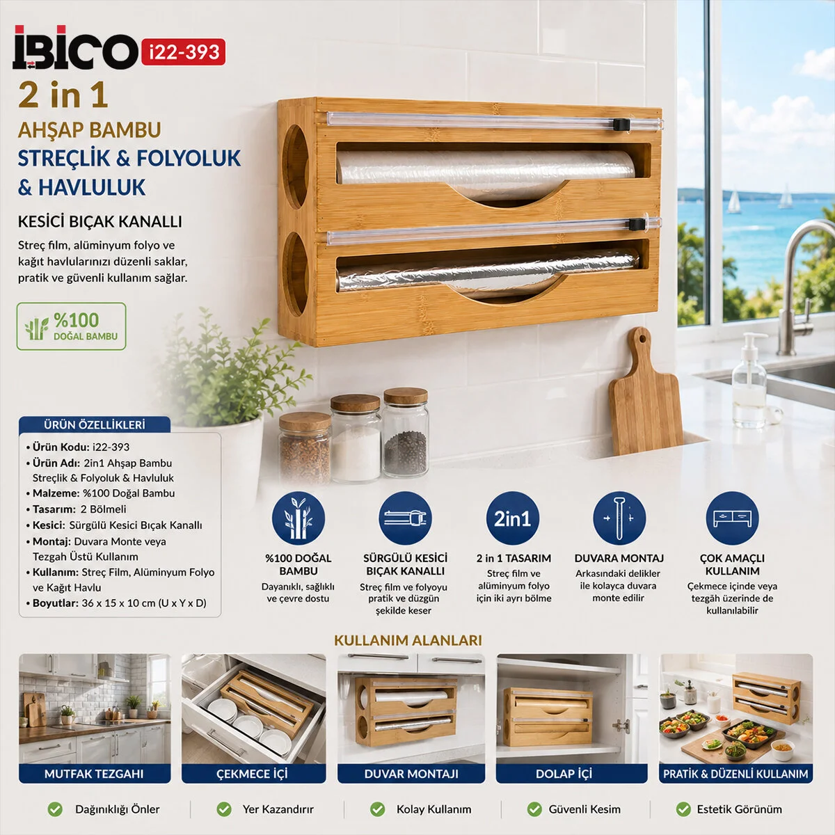 2IN1 Ahşap Bambu Streçlik - Folyoluk - Havluluk Kesici Bıçak Klı görsel 2