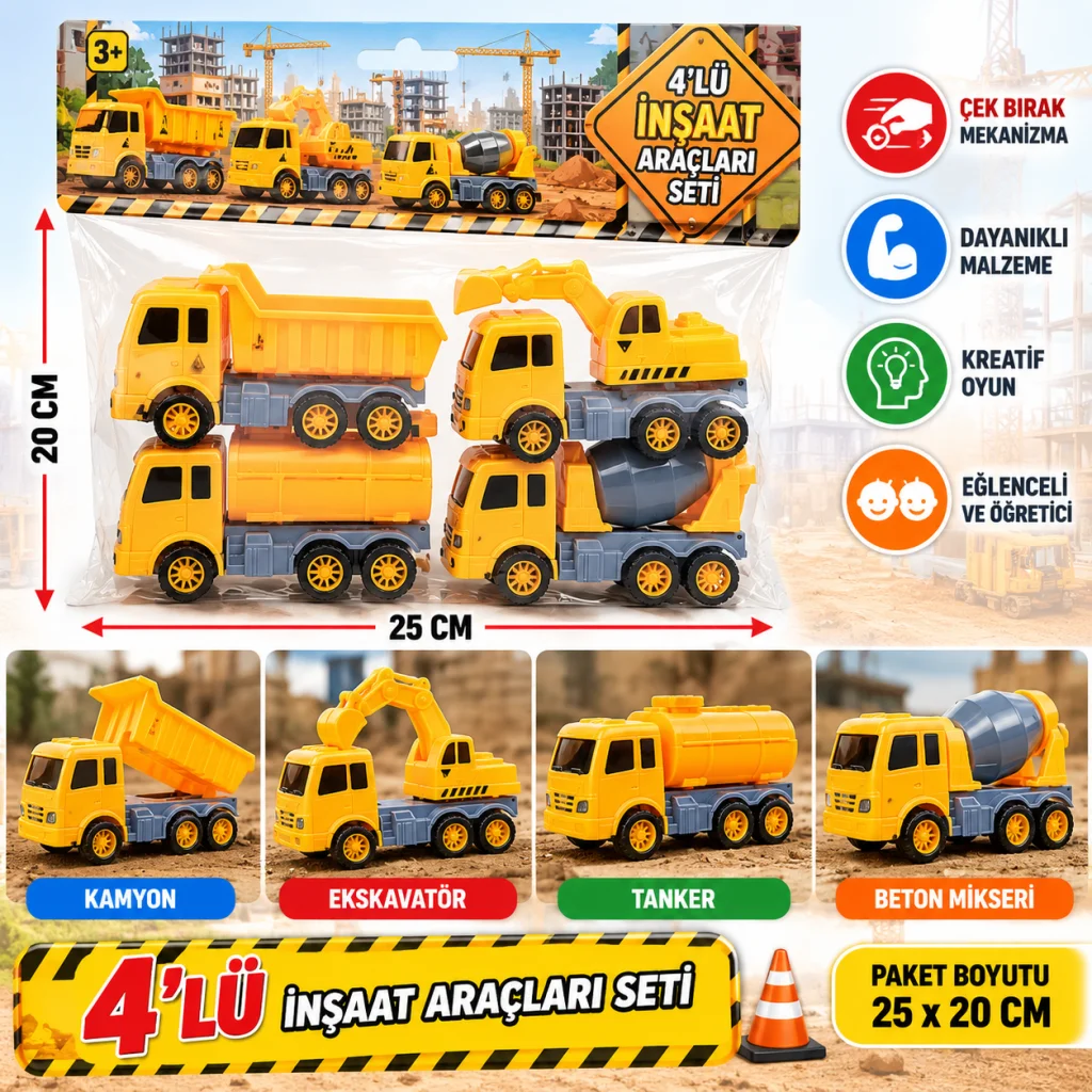 D026W 4 LÜ ÇEK BIRAK KAMYONLAR OYUNCAK İNŞAAT ARAÇLARI (adet fiyatıdır)