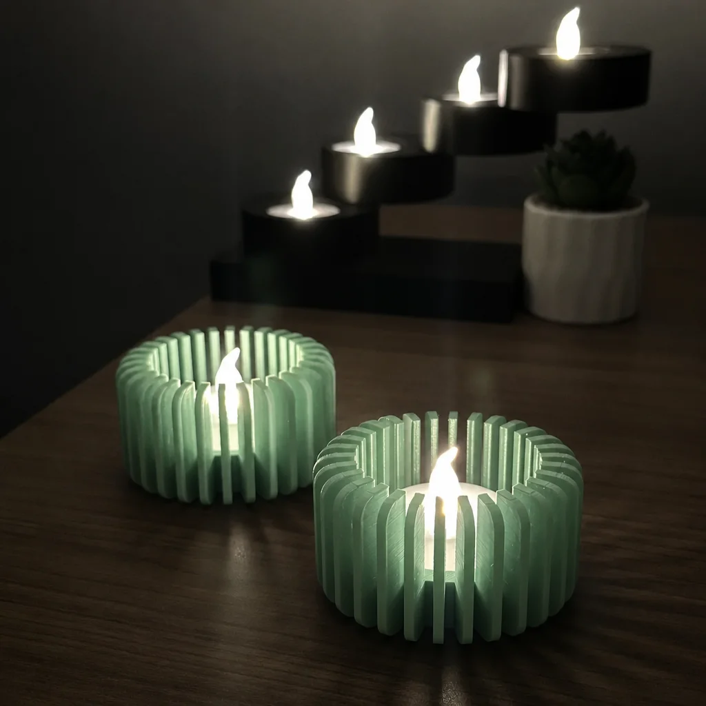 3D Baskı Modern Çizgili Mumluk - Tealight Mumluk (1 Adet)-Mint görsel 3