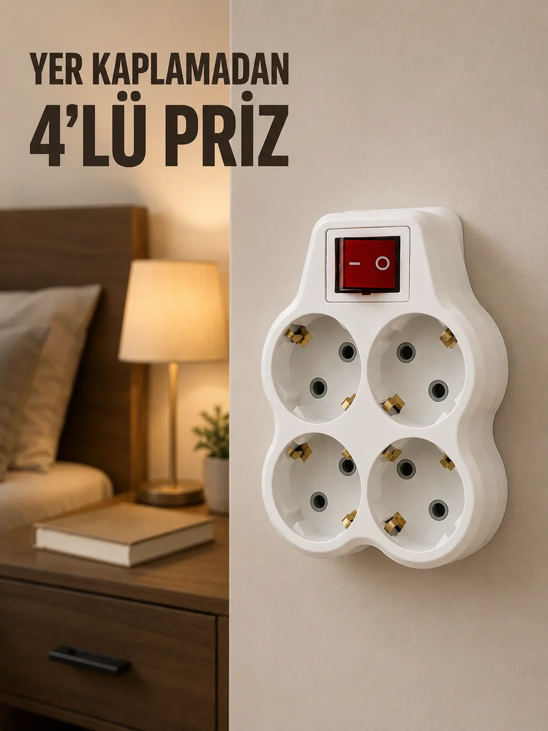 4’lü Priz Çoğaltıcı Açma Kapama Anahtarlı Kablosuz Duvar Tipi Priz Adaptörü