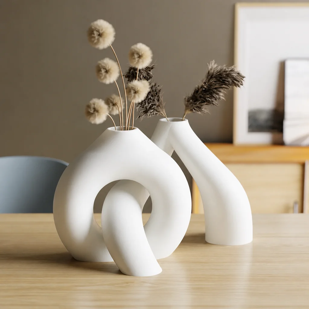 3D Baskı Interlocking Vazo - İç İçe Geçen Dekoratif Vazo-Beyaz