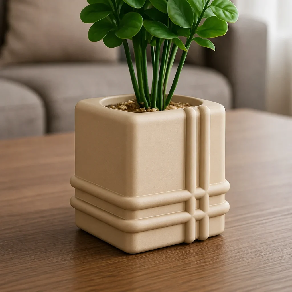 3D Baskı Square Planter - Izgara Desenli Küp Saksı-Bej