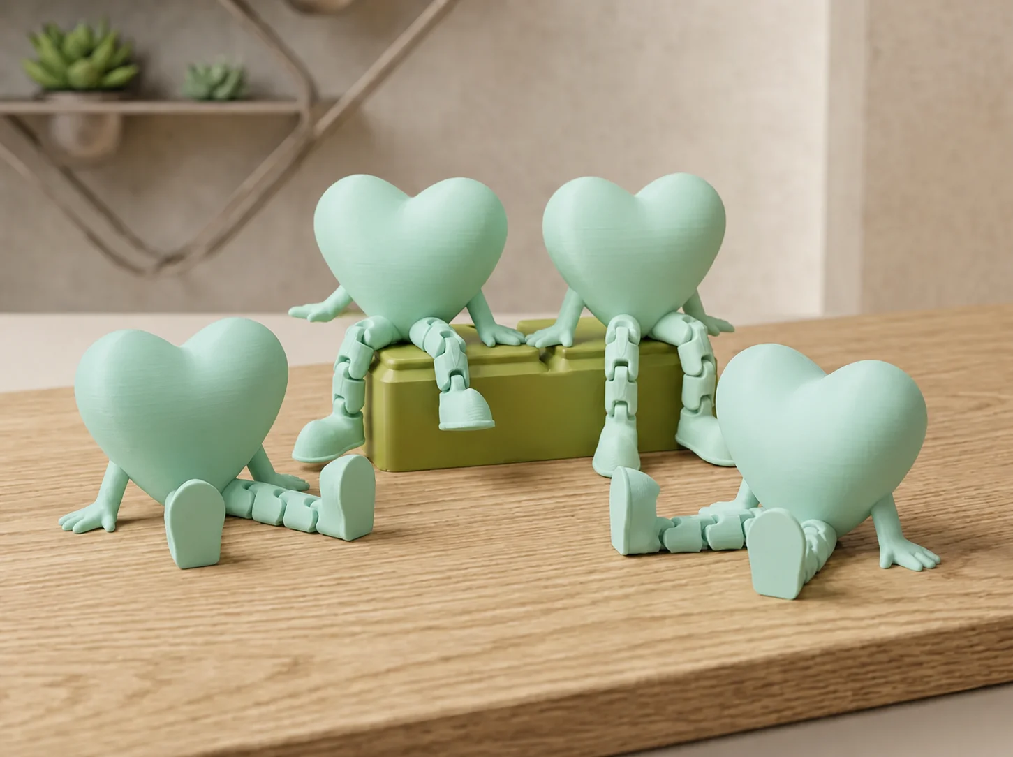 3D Baskı Hareketli Kalp Figürü - Eklemli Dekoratif Oyuncak (1 Adet)-Mint