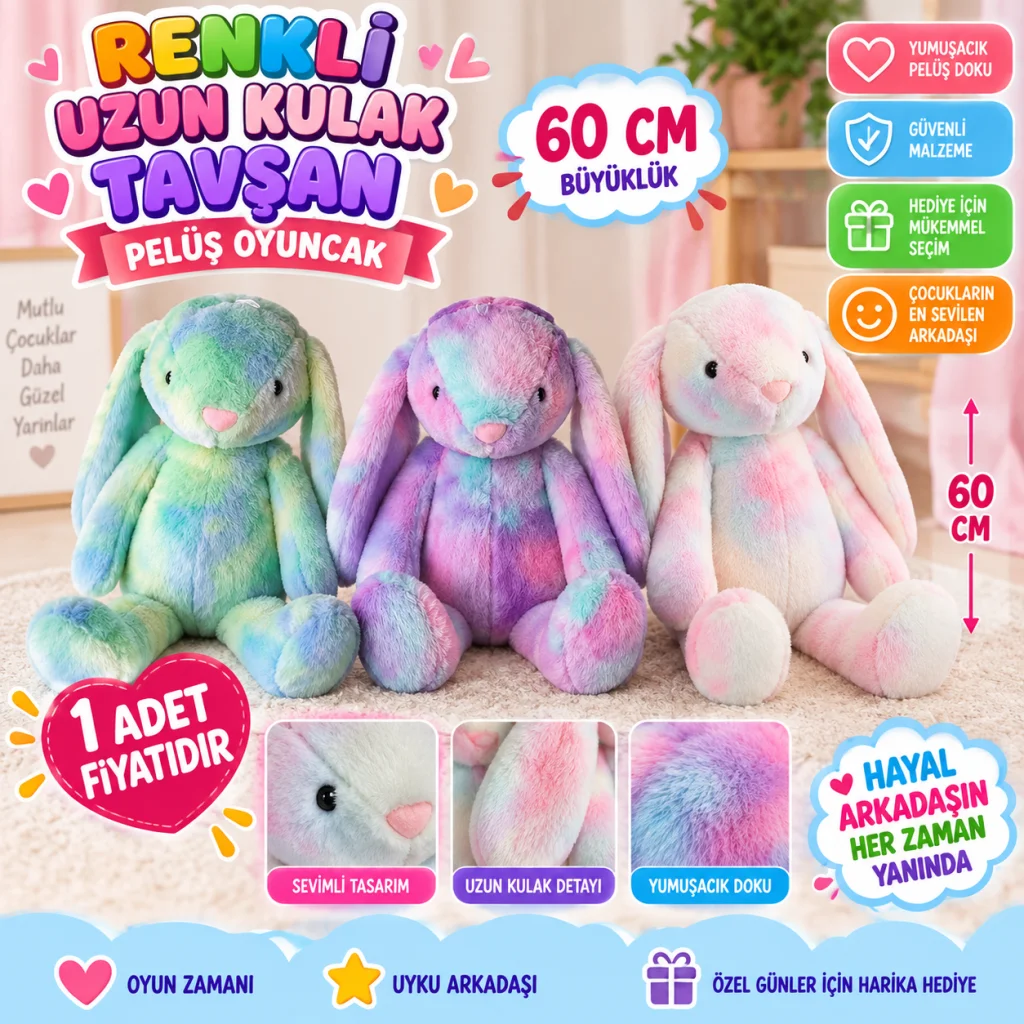 62450 60 CM RENKLİ UZUN KULAK TAVŞAN PELUŞ OYUNCAK (adet fiyatıdır) görsel 4