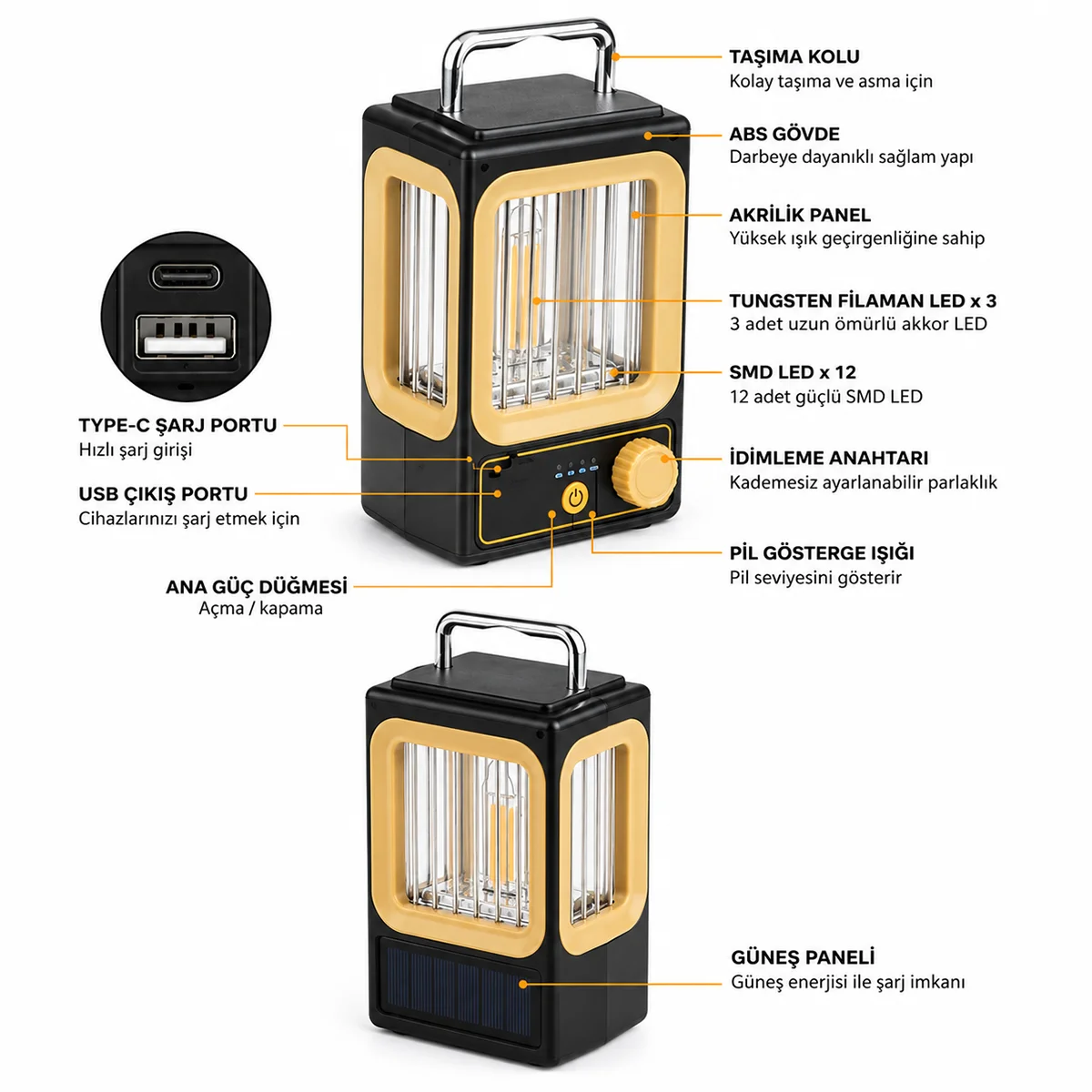 Nostalji Solar Lamba - USB Şarjlı 1500mAh görsel 4