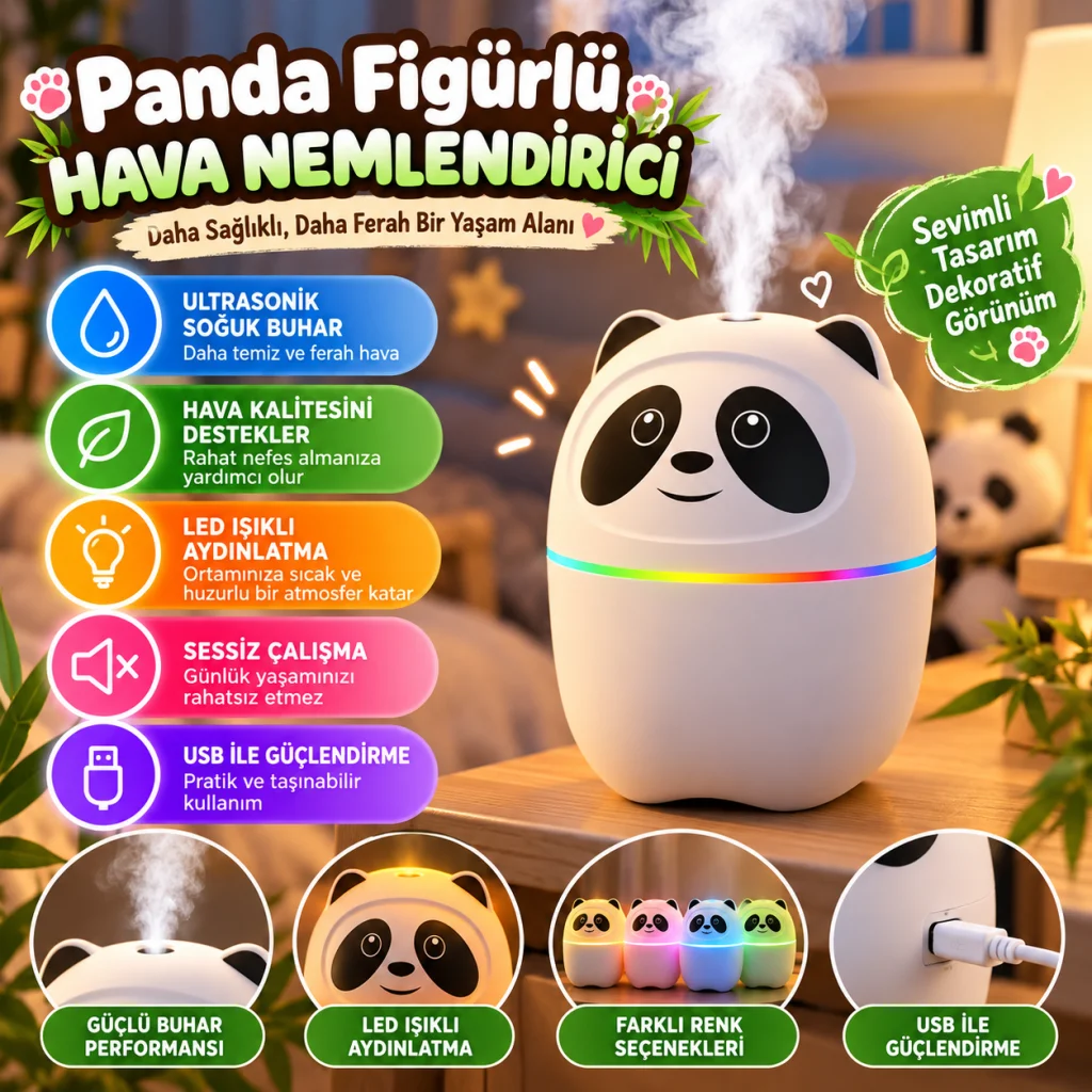 Sevimli Panda Figürlü Hava Nemlendirici – Ultrasonik Soğuk Buhar Makinesi, LED Işıklı Masaüstü Oda Nemlendirici