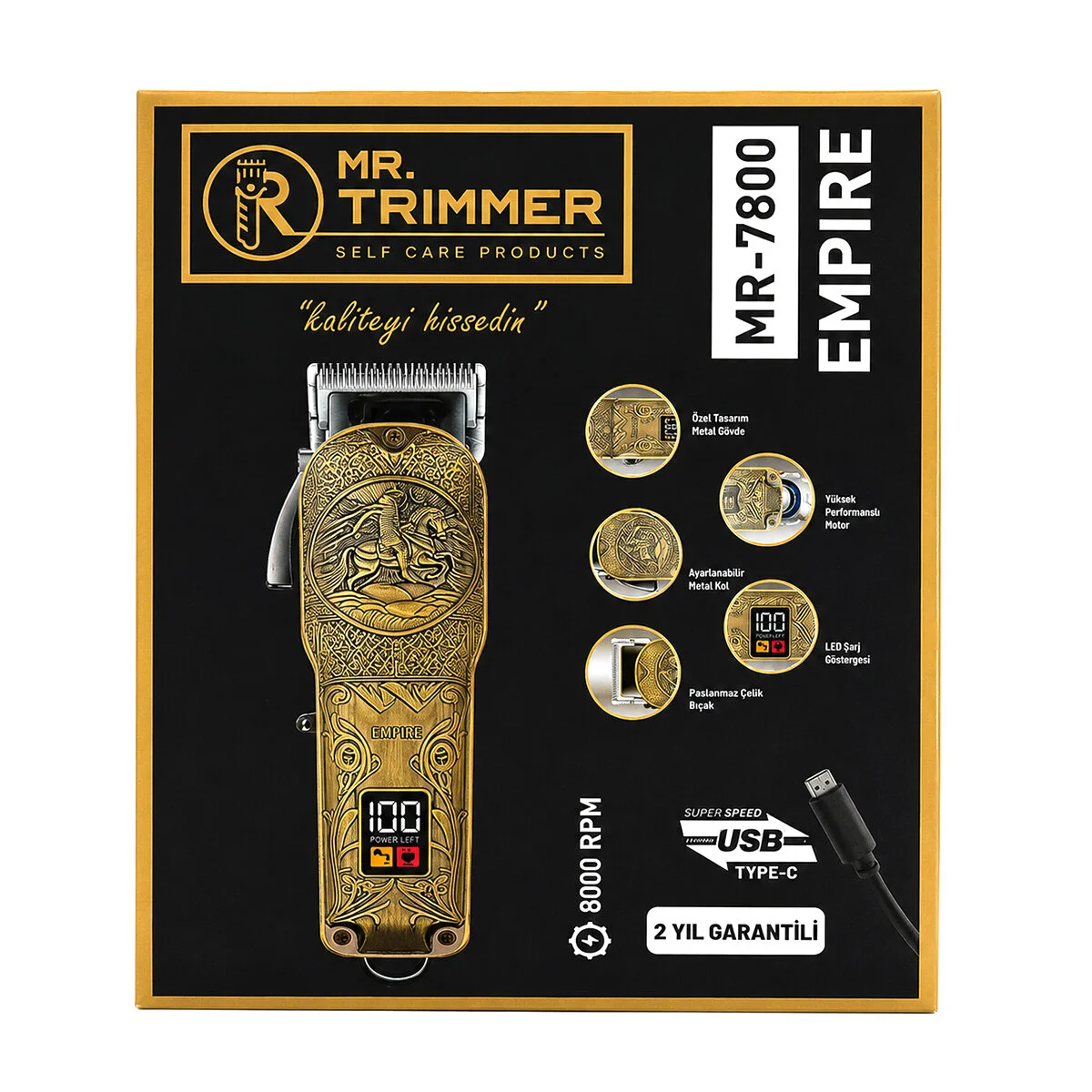 Saç Sakal Kesme Traş Makinesi Usb - Type-c Şarjlı - Led Gösterge 3-7-9-12MM Tarak MR-7800 görsel 2