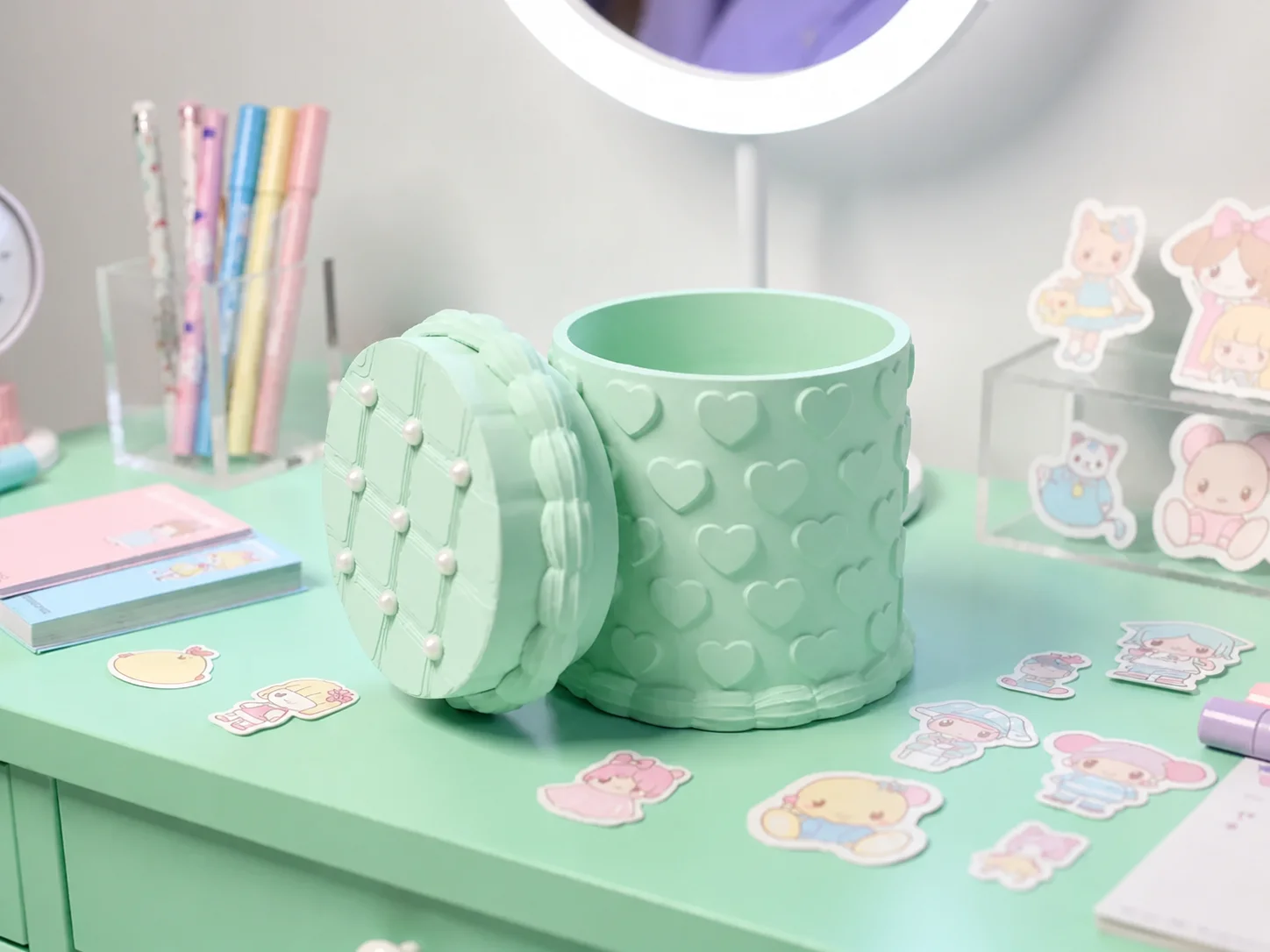 3D Baskı Kabartma Kalp Desenli Kapaklı Kalemlik - Masaüstü Organizer - Mint