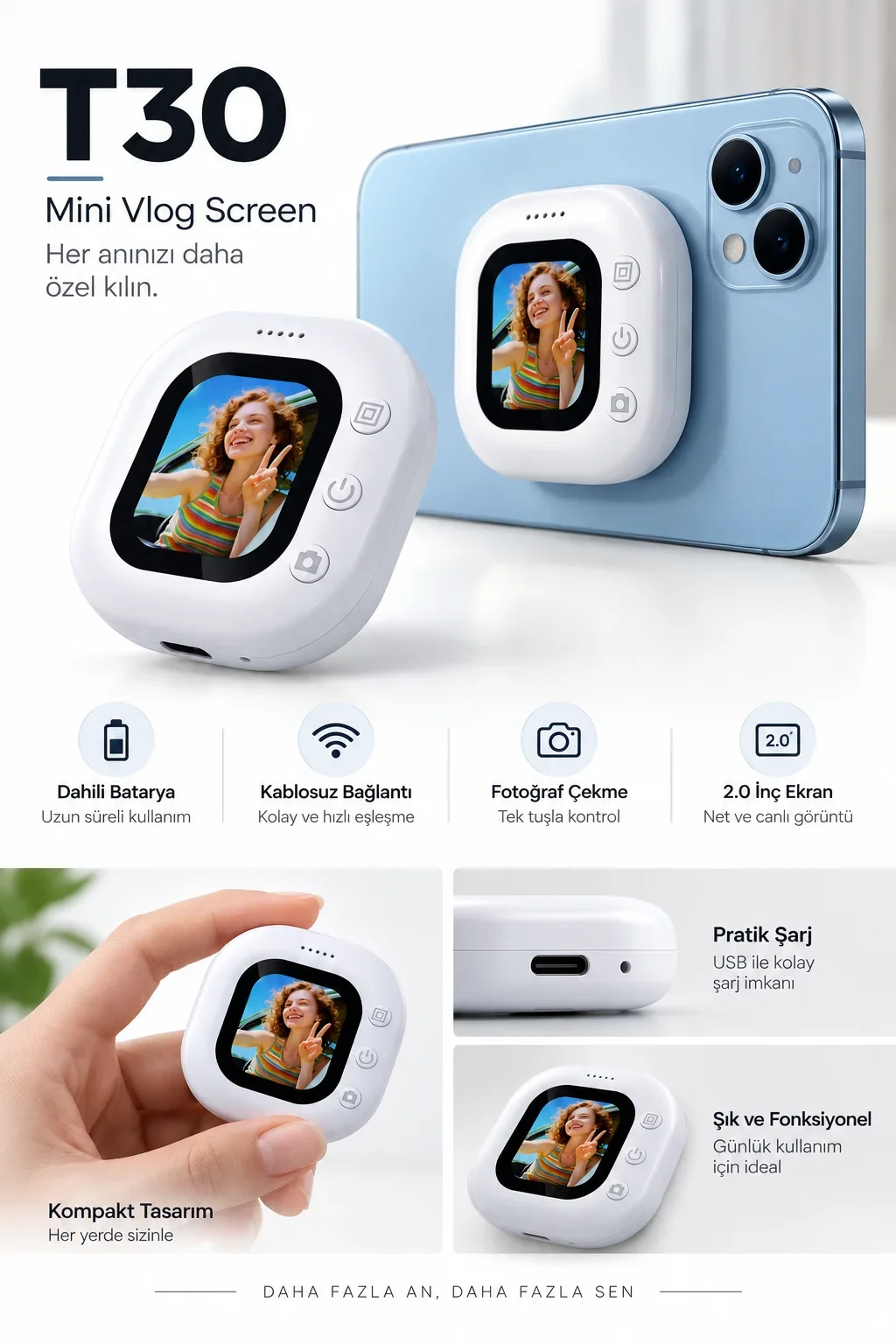 2.0 İnç Kablosuz Selfie Ekranı Dahili Bataryalı