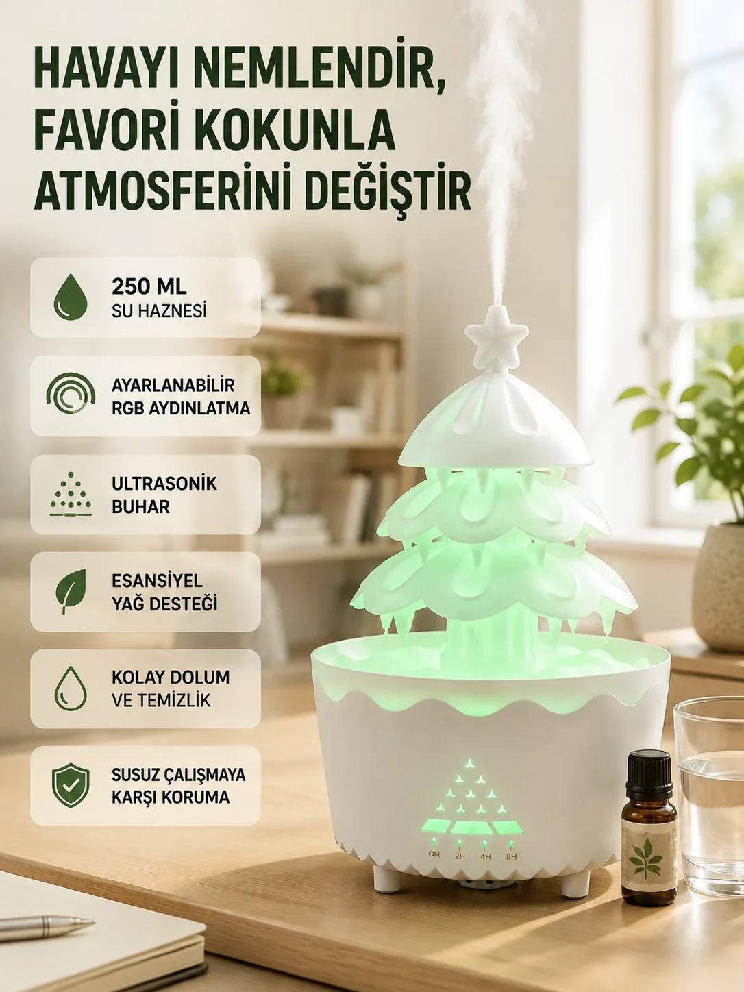 Dekoratif Şans Ağacı Ultrasonik Nemlendirici RGB Gece Lambalı Aroma Difüzörü görsel 3