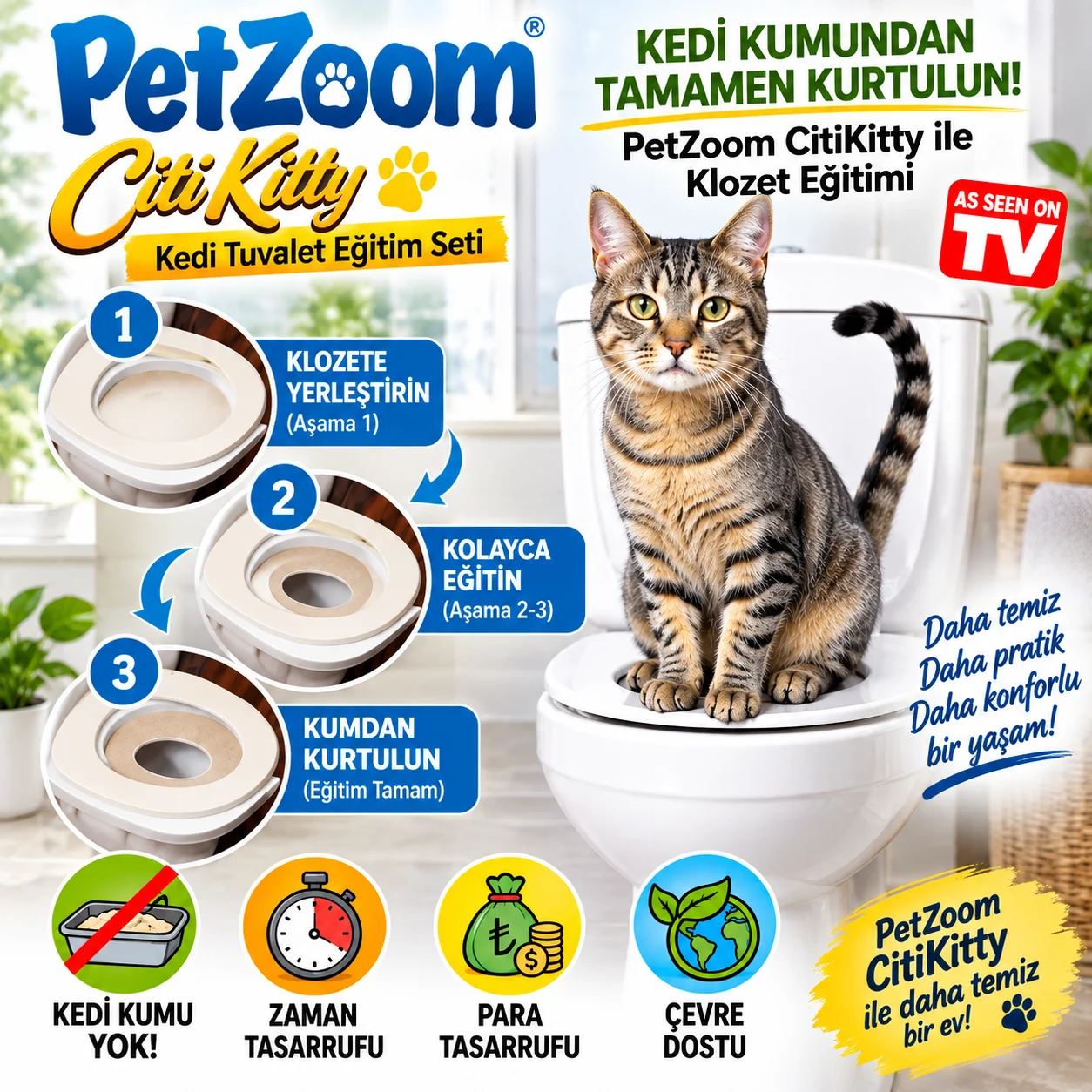 PetZoom Citi Kitty Kedi Tuvalet Eğitim Seti – Kedi Klozete Alıştırma Aparatı görsel 3