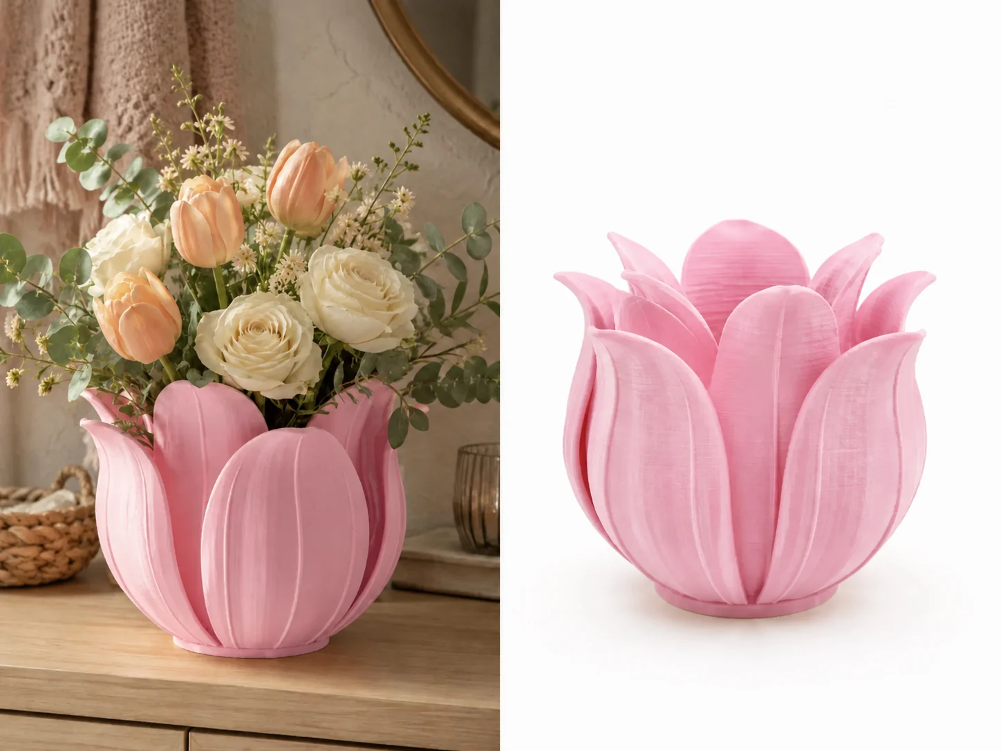 3D Baskı Lotus Yapraklı Vazo - Dekoratif Çiçeklik-Pembe