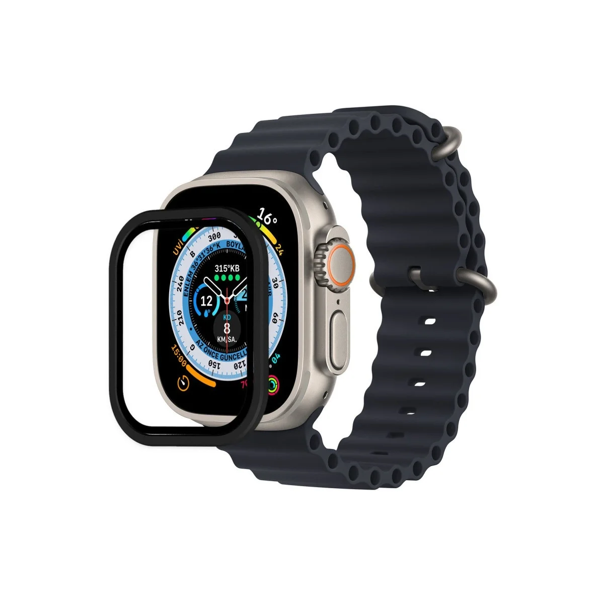 Apple Watch Ultra 49mm Alünyum Kasa Cam Ekran Koruyucu - Siyah