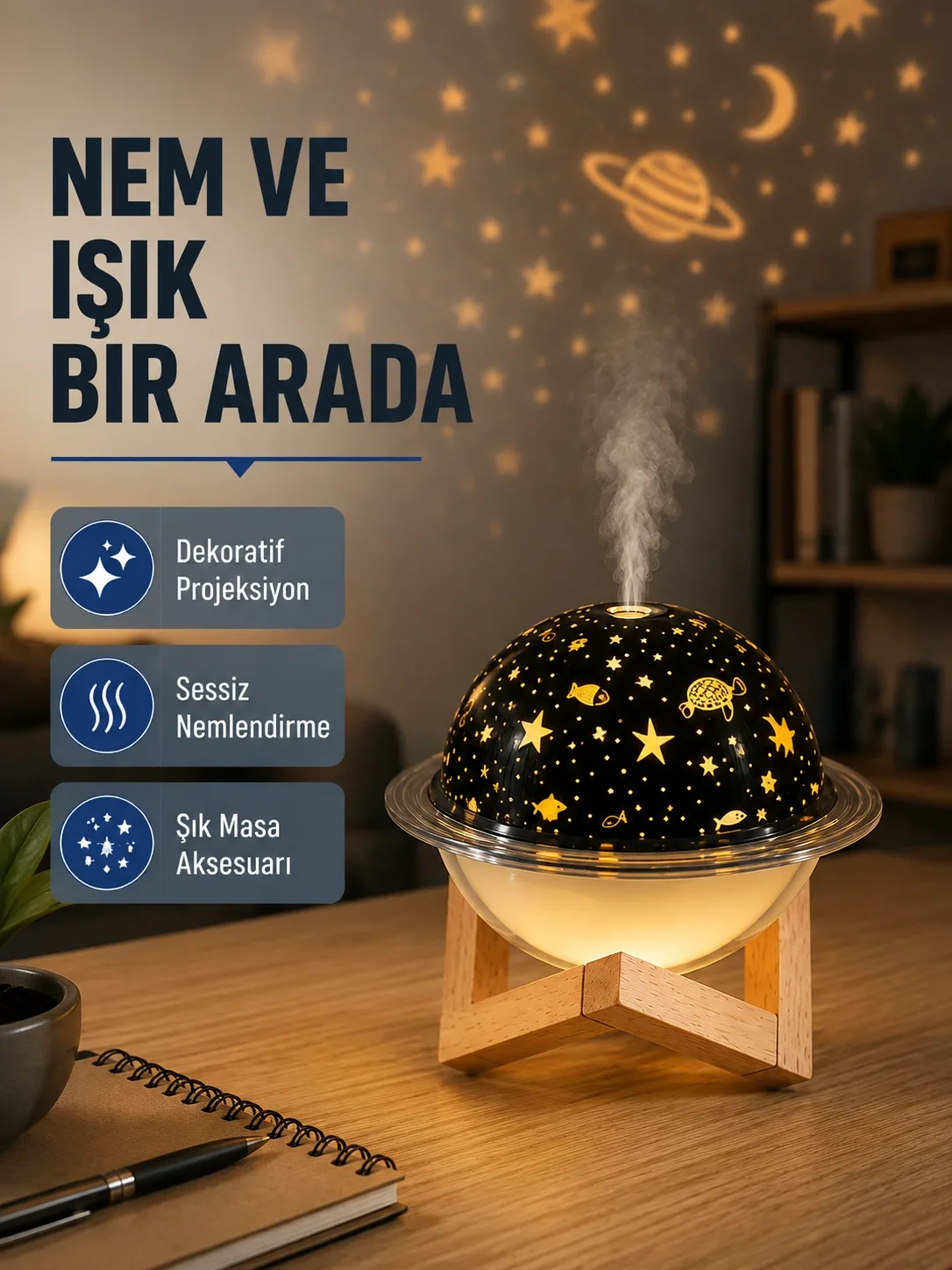 USB Projeksiyon Gece Lambası ve Hava Nemlendirici – Aromaterapi Destekli, Taşınabilir ni