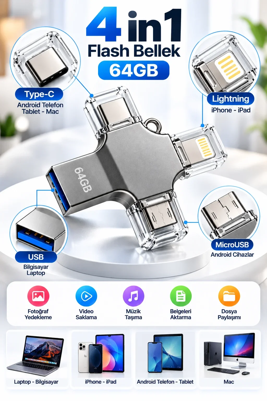 Tek Ürünle Birden Fazla Cihazda Kullanım Sunan 64GB Lightning Type C USB MicroUSB Girişli Flash Bellek görsel 5
