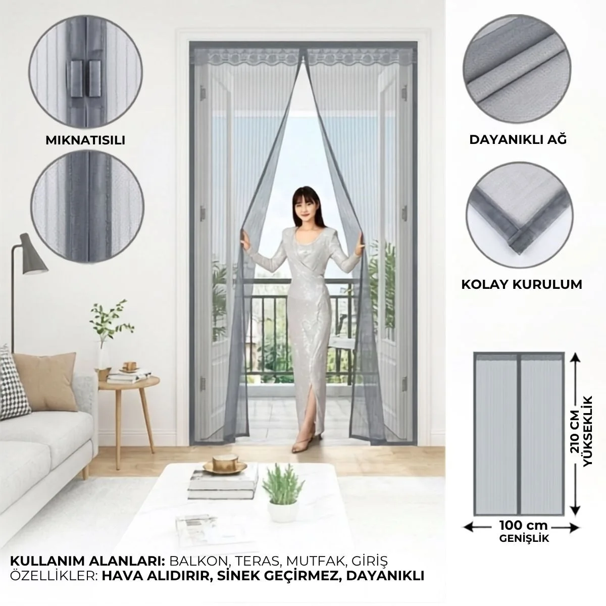 Mıknatıslı Kapı Sinekliği Gri 100x210 cm Otomatik Kapanan Manyetik Tül Sineklik görsel 5
